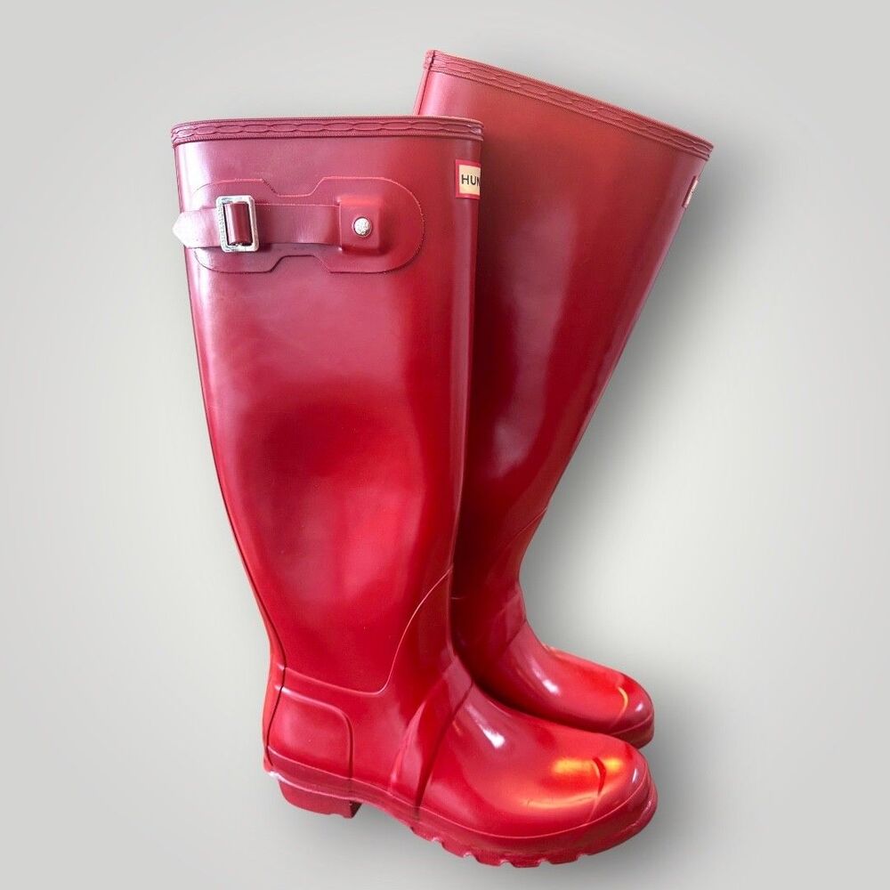 HUNTER Women's Original Tall Gloss Rain Boots Military Red Wellington Sz 9 W